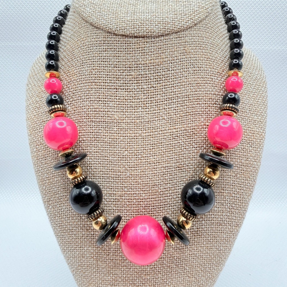 Vintage Pearlescent Pink and Black Acrylic 16" Maximalist Chunky Bead Necklace